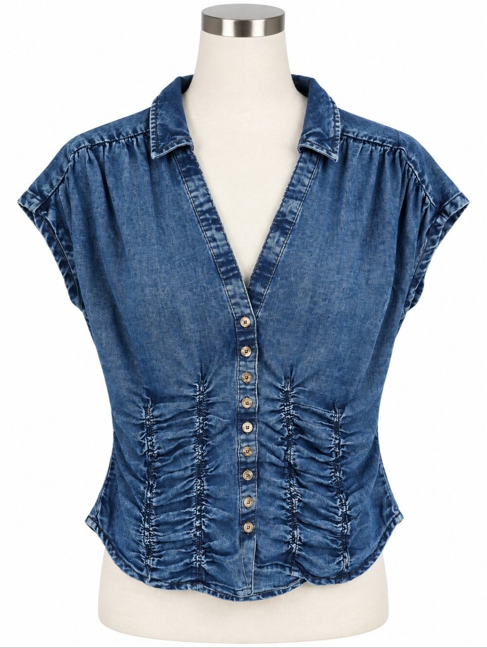 Anthropologie Pilcro Ruched Denim Blouse Size M Blue Cap Sleeve V-Neck Top